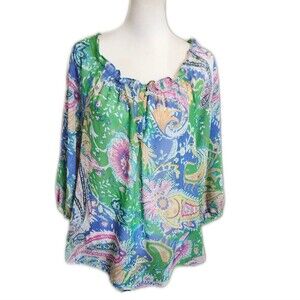 Chaps Semi Sheer Off The Shoulder Paisley Colorful Blouse, PL